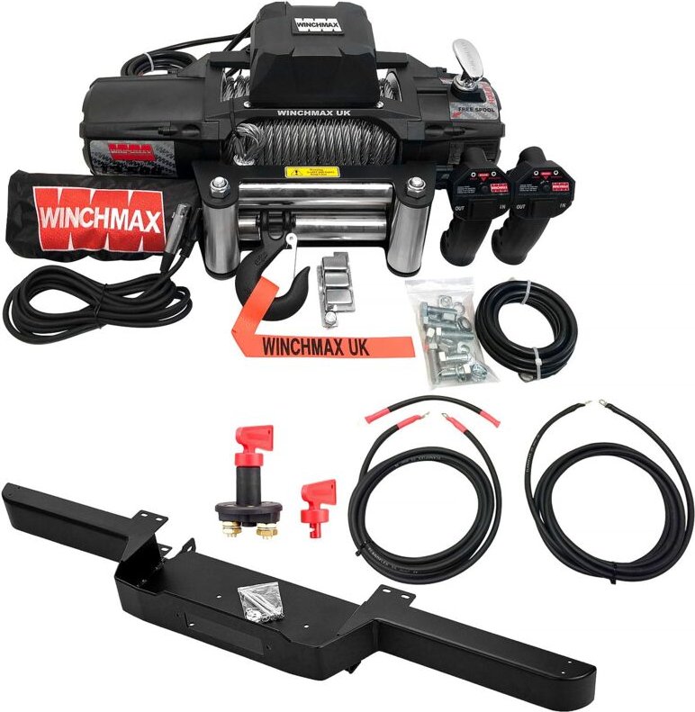 6.123 kg schwere SL 12-V-Winde in Militärqualität. Defender-Stoßstange. 26 m x 9,5 mm Stahlseil. Verkabelungssatz und Is...