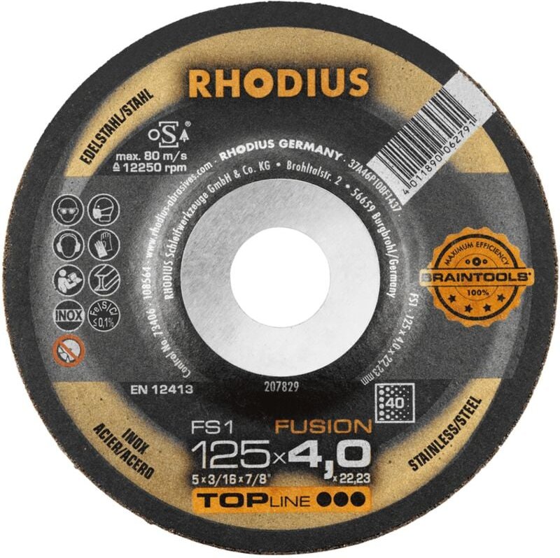 RHODIUS FS1 FUSION, 10 Stück, 125 x 4,0 mm, Korn 40, Schruppscheibe