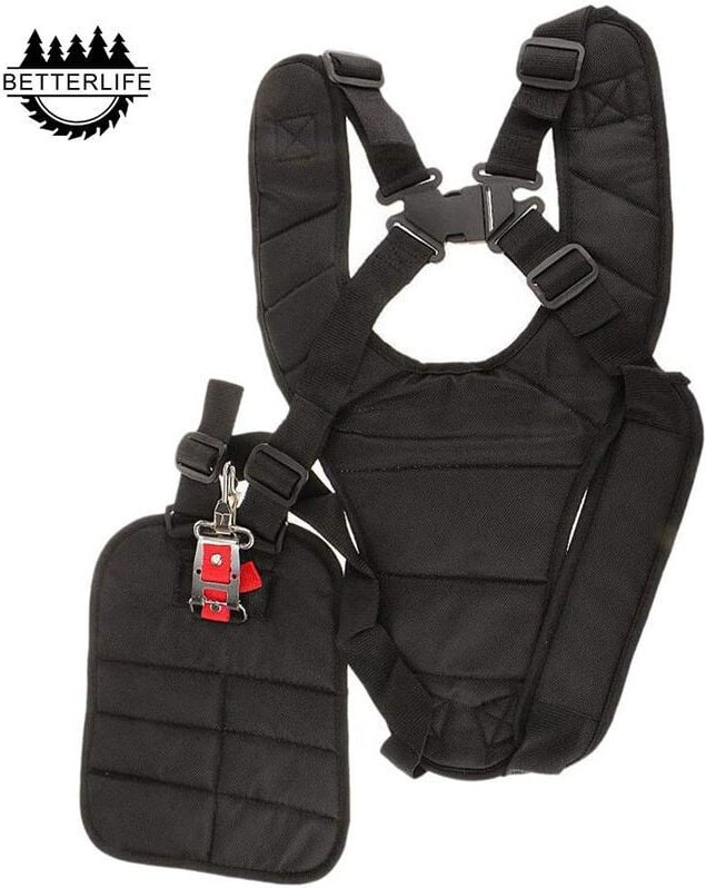 Doppelt gepolsterter Schultergurt mit Sicherheitsknopfverschluss, Halterungen für Freischneider, Trimmer und Kantenschne...