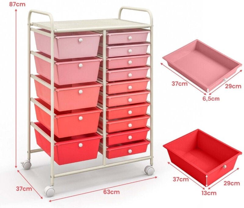 Rollwagen mit 15 schubladen pink 63x37x87 cm