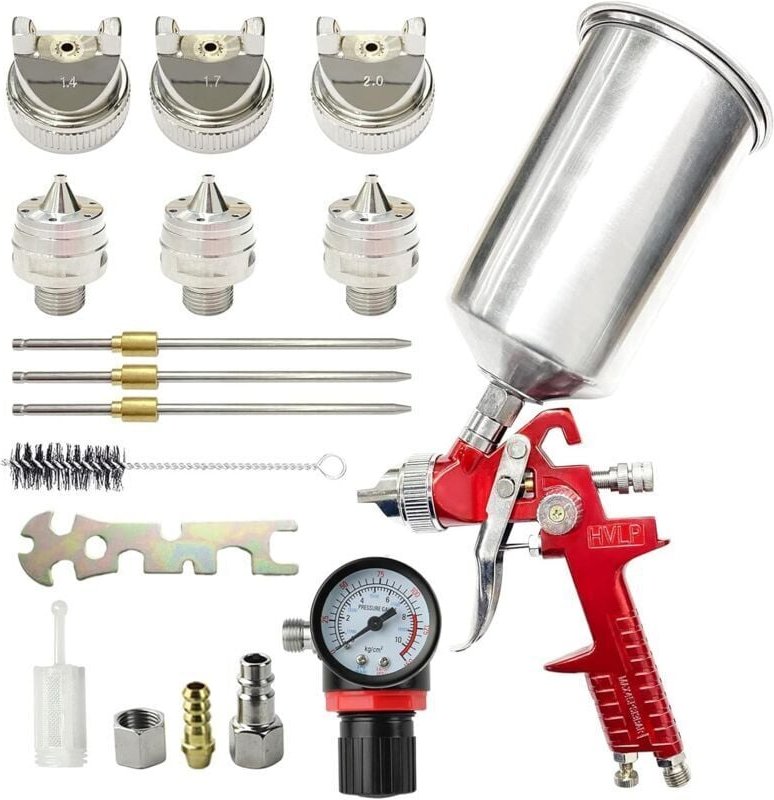 1000-ccm-Farbpistole mit 3 Düsen (1,4 mm, 1,7 mm, 2,0 mm), Schwerkraft-Spritzpistole mit Luftregler (Rot)