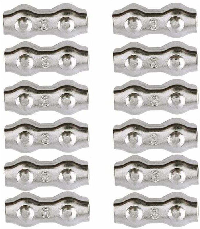 Kabelklemmen, 3-mm-Stahlkabelklemmen, 12 Stück, Doppelkabelklemmen, Kabelclips aus Edelstahl 304, Kabelgriffe für 2-mm-M...