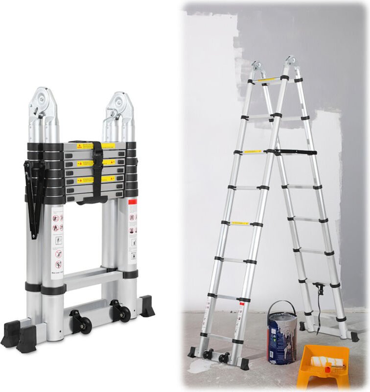 Wolketon Teleskopleiter Multifunktionsleiter Ausziehleiter 1,9M+1,9M Klappleiter 12 Sprossen Mehrzweckleiter
