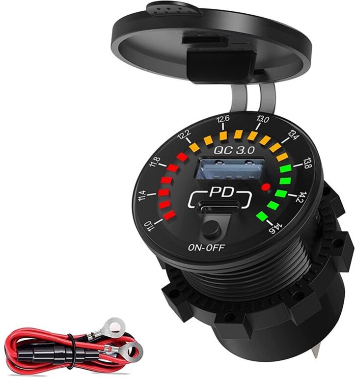 Tlily - 18W Typ c PD-Buchse Schnellladegerät mit wasserdichtem LED-Voltmeter-Schaltnetzschalter für Auto-Boot-LKW