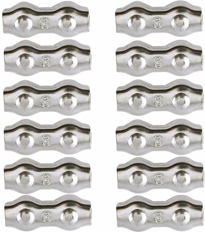 Kabelklemme, 3-mm-Stahlkabelklemme, 12 Stück, Doppelkabelklemmen aus Edelstahl 304, Kabelgriffe für 2-mm-Drahtkabel, Wäs...