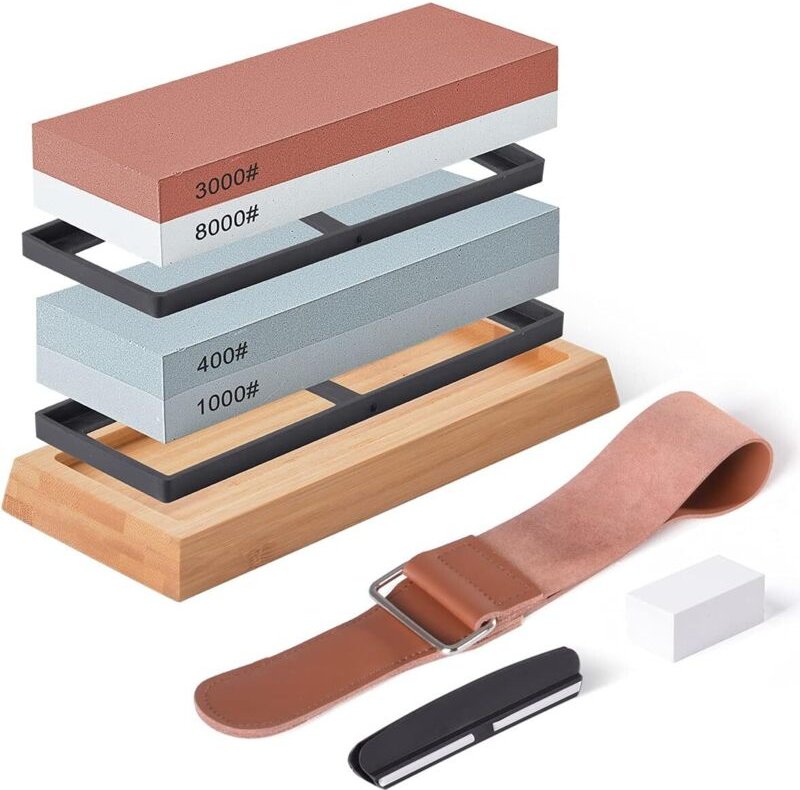 Schleifsteine, Messerschärfer-Set mit Körnungen 400/1000 und 3000/8000, Schleifsteine mit rutschfester Bambusbasis, Abri...