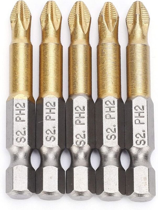 Set mit 5 magnetischen 50-mm-PH2-1/4"-Schraubendreherbits mit Anti-Rutsch-Beschichtung, Sechskantschaft und Kreuzschlitz...
