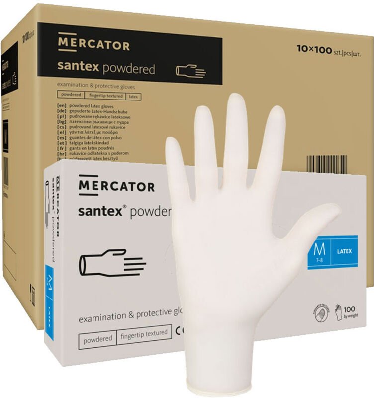 Latexhandschuhe, Größe M, gepudert, Santex-Fingerschutz, 100 Stück, Karton, 10er-Packung