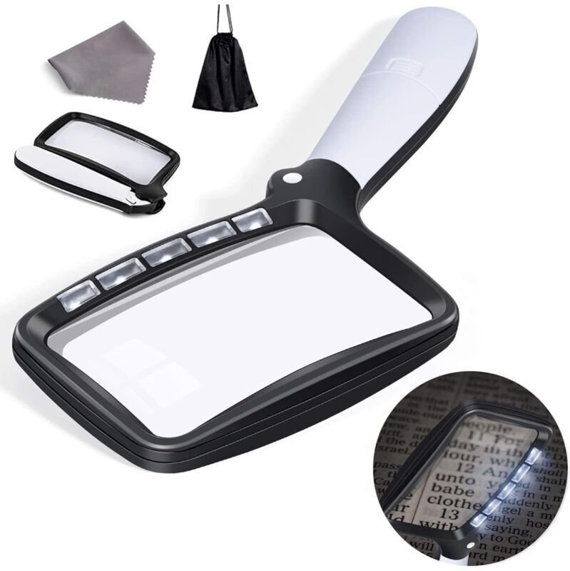 Rechteckige Leselupe mit 5 LEDs, großformatige 3-fache Leselupe mit dimmbaren LEDs für Senioren, Zeitungen, Bücher und K...