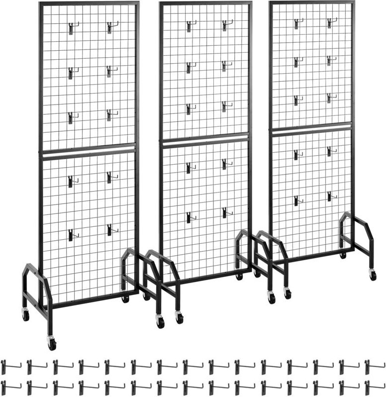 Mophorn Gitterwandpaneele 60 x 164 cm, 3-teiliges Set mit rollbarem Präsentationsständer und 30 Haken, aus Karbonstahl g...