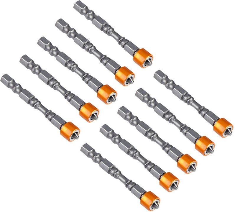 Packung mit 10 rutschfesten magnetischen Schraubendreherbits mit 65 mm PH2 Sechskantschaft für Gipskartonschrauben.