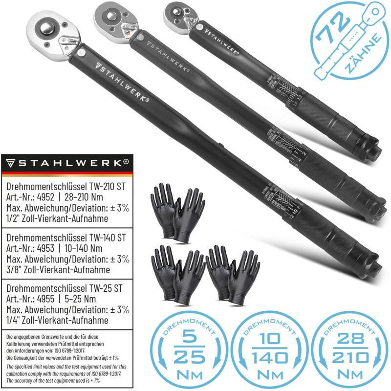 STAHLWERK Drehmomentschlüssel Dreierset 1/4", 3/8" & 1/2" bis 210 NM