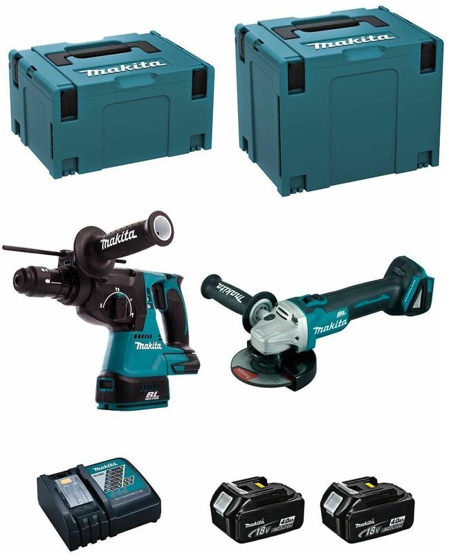 Kit DLX2125MJ1 (DGA504 + DHR243 + 2 x 4,0 Ah + DC18RC + makpac 3 + makpac 4) - Makita