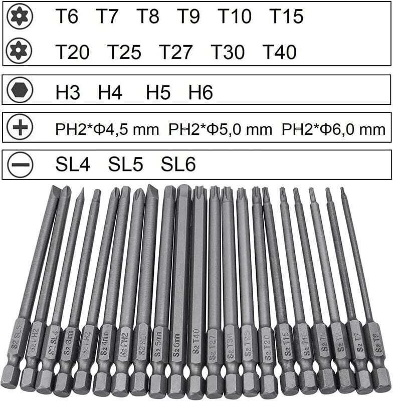 21-teiliges Schraubendreher-Bit-Set, 100 mm langer magnetischer Schraubendreher-Bit, Torx T6–T40, Sechskant 3–6 mm, Kreu...