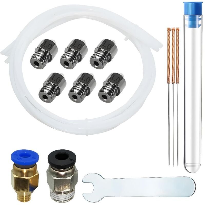 MK8-Düse, 6-teilig, gehärteter Stahl, 1,0 mm Düse für 1,75 mm Filament, Ender 3 mit PC4-M6-M10 (1P + 1P), 3 x 1 m Teflon...