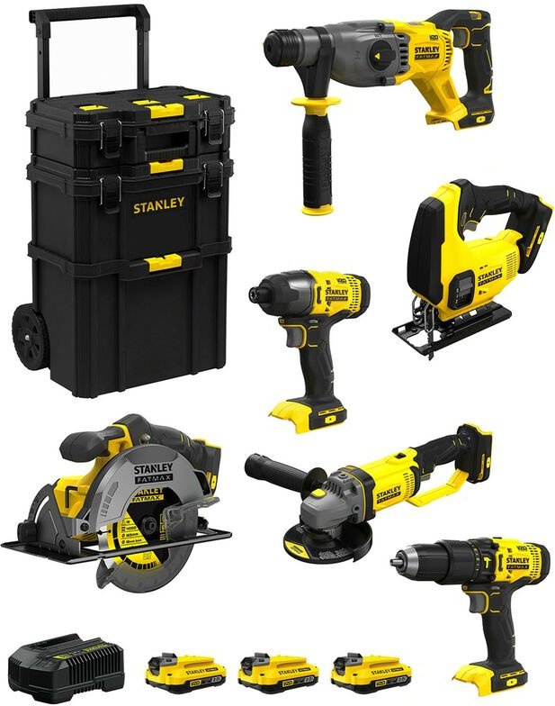 Stanley - FatMax Kit SVK600 (SFMCH900 + SFMCG400 + SFMCD711 + SFMCF800 + SFMCS500 + SFMCS600 + 3 x 2,0Ah + Ladegerät + C...