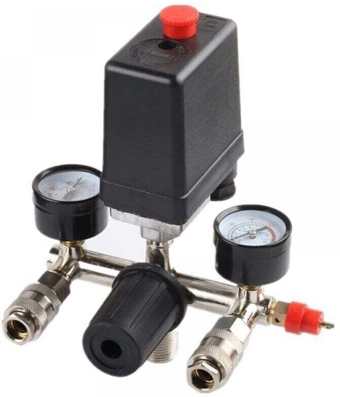 Druckregler mit Druckschalter für Kompressor. Druckschalter mit 2 Anzeigen.