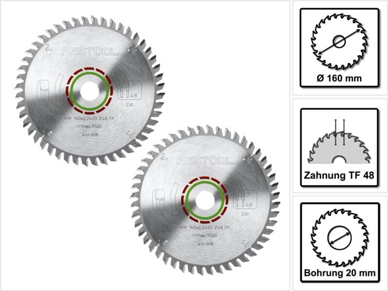 Spezial Kreissägeblatt Set 2x hw 160 x 2,2 x 20 mm TF48 160 mm ( 2x 496308 ) 48 Zähne - Festool
