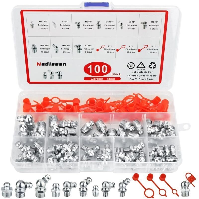 100 Stück Schmiernippel M6, M8, M10, vernickelte Außengewinde-Schmiernippel 45°, 90°, 180°, Sortiment mit Deckel und Kun...