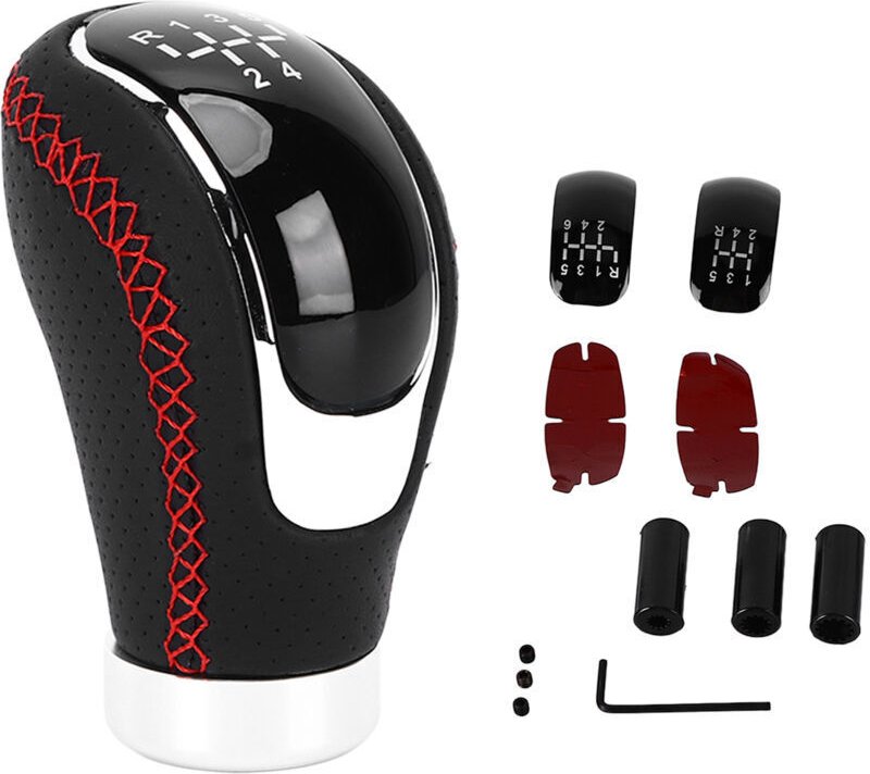 Universeller Schaltknauf für 5/6-Gang-Schaltgetriebe aus Kunstleder mit roter Naht und austauschbarem Kleber