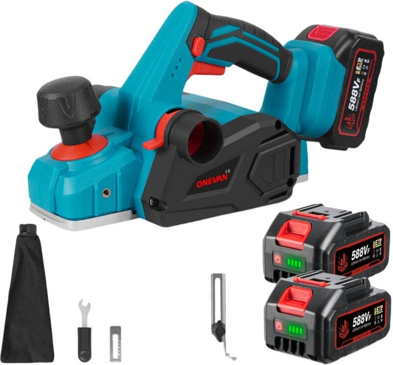 ONEVAN 18V Akku-Hobel, 82 mm Breite, 1,5 mm Tiefe, zwei Staubabsauganschlüsse, inklusive zwei 3,0-Ah-Akkus