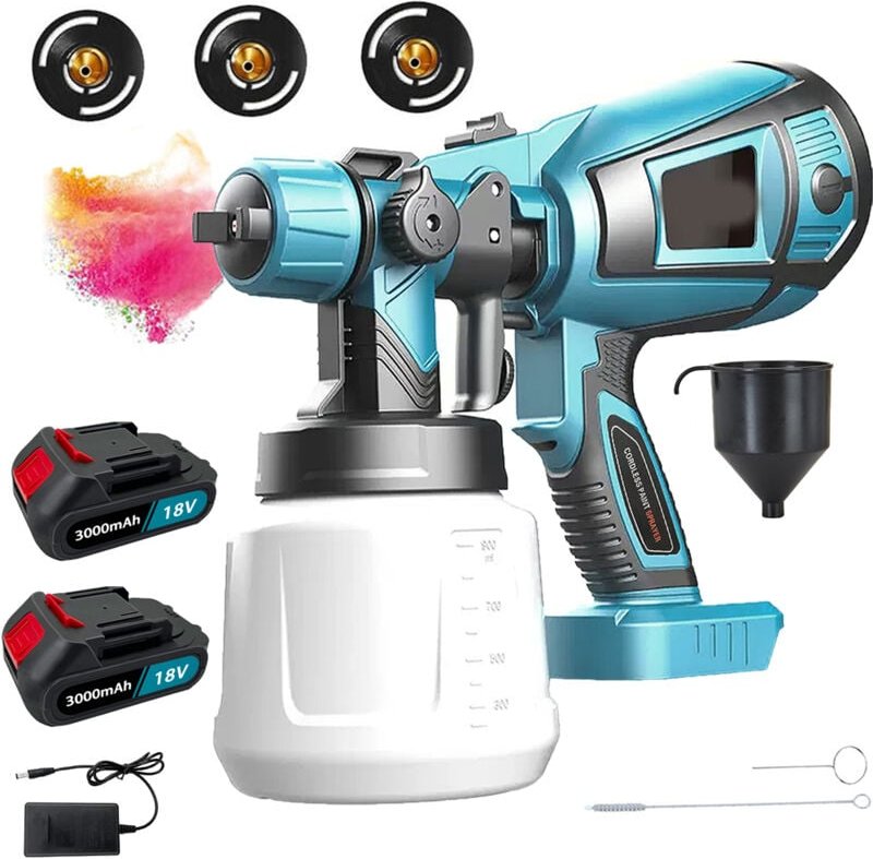 Spritzpistole, 1000ml HVLP Akku Spritzpistole, Airless Spritzpistole+2 3.0Ah Batterien+Ladegerät, kompatibel mit Makita ...