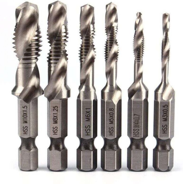 Vtizikl 6pcs HSS Jeu de Foret Mèche à 1/4" Tige Hexagonale Set Robinet de Foreuse de Combinaison HSS Bit M3-M10 Filetage...