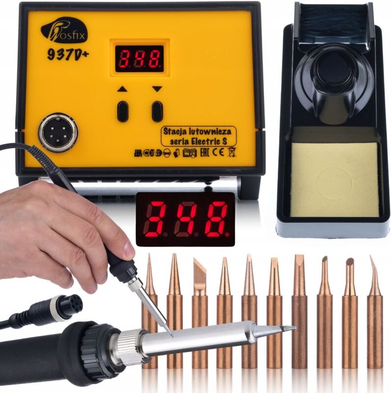Rosfix Set Lötstation 937D+ – 60 W, 200–480 °C, LED-Anzeige, ESD Safe, Keramikheizung 10 Kupferspitzen 900M Präzises Löt...