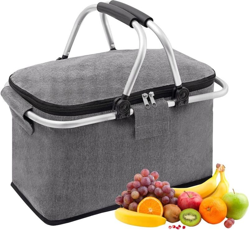 Faltbarer, isolierter Picknickkorb (30 l) mit Griff – Thermotasche mit großem Fassungsvermögen für Lebensmittel, Camping...
