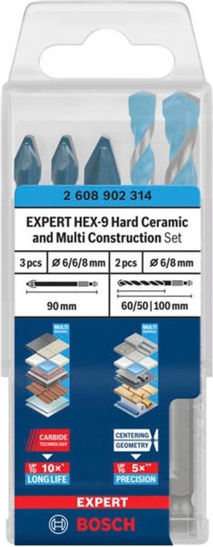 Bosch EXPERT Bohrer-Set HEX-9 Hard Ceramic und Multi Construction, 6/8 mm, 5-tlg.