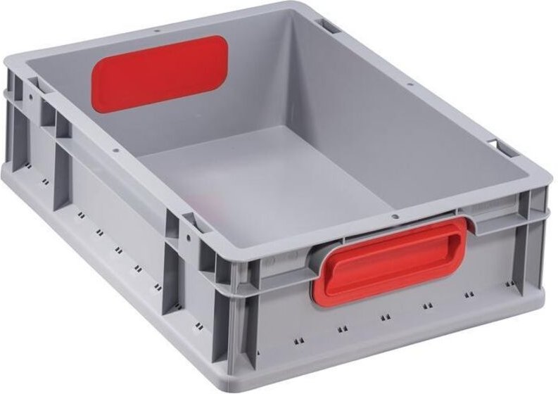Transportstapelbehälter L400xB300xH120mm grau PP geschlossener Griff rot Seitenwände geschlossen