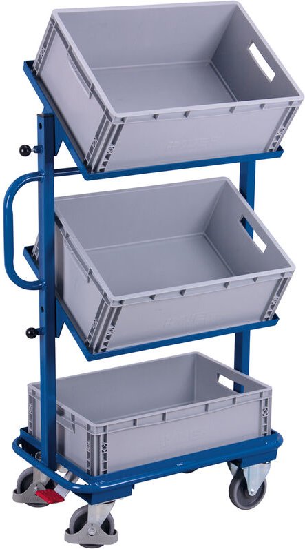 VARIOfit Beistellwagen inklusive Kunststoffkisten mit 3 offenen Böden, neigbar 610x410mm