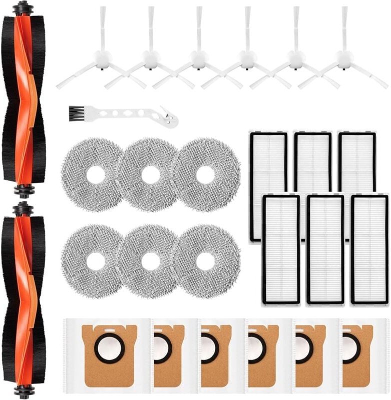 27 Stück Zubehör für Xiaomi X20+ / X10 Plus Saugroboter, Ersatzteile 6 Staubbeutel 6 Wischpad 2 Hauptbürste 6 Seitenbürs...