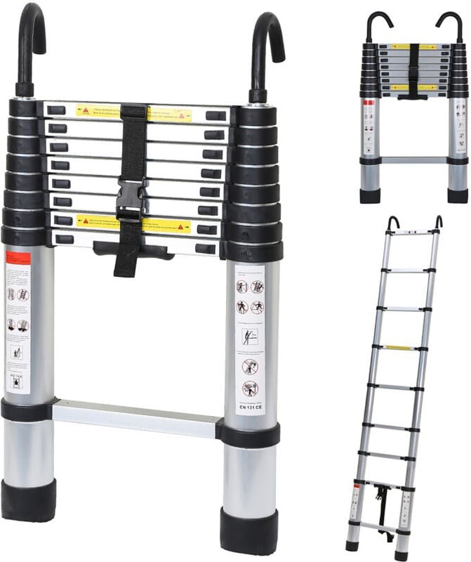 Teleskopleiter Ausziehleiter Klappleiter Stabil Aluminium Stehleiter 2,6m Silber mit haken