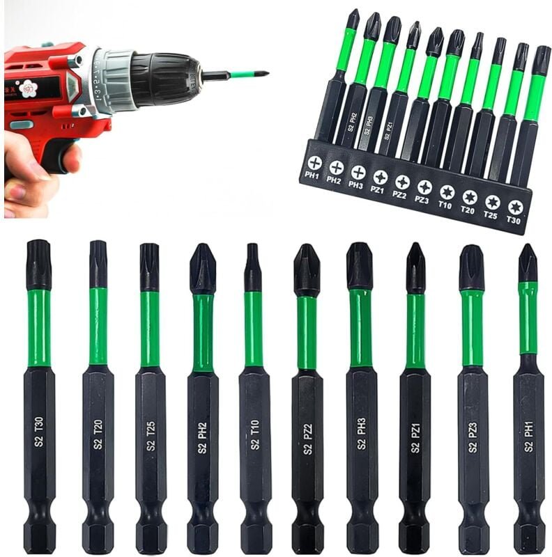 Schraubendreher-Bit-Set, 10-teilig, 70 mm langes Schraubendreher-Bit-Set mit starkem Magnetkopf, Zubehör, Bits für Schla...