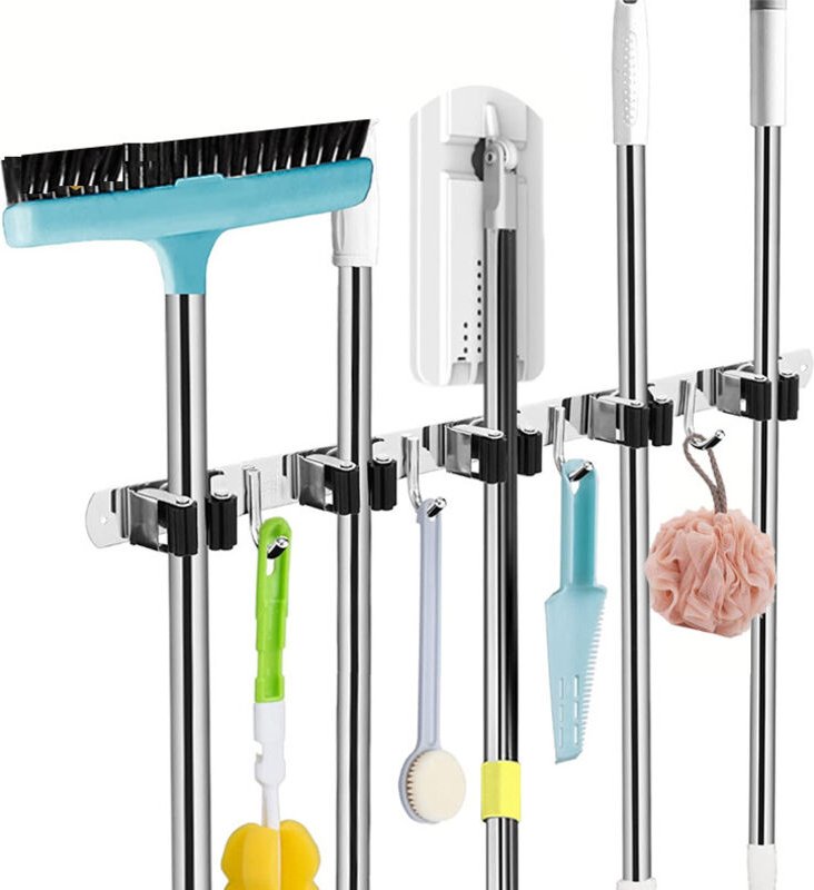 Besenhalter zur Wandmontage, Edelstahlfarbe + schwarze Karte - 4 Haken 5 Karten, Besenhaken zur Wandmontage, Besenhalter...