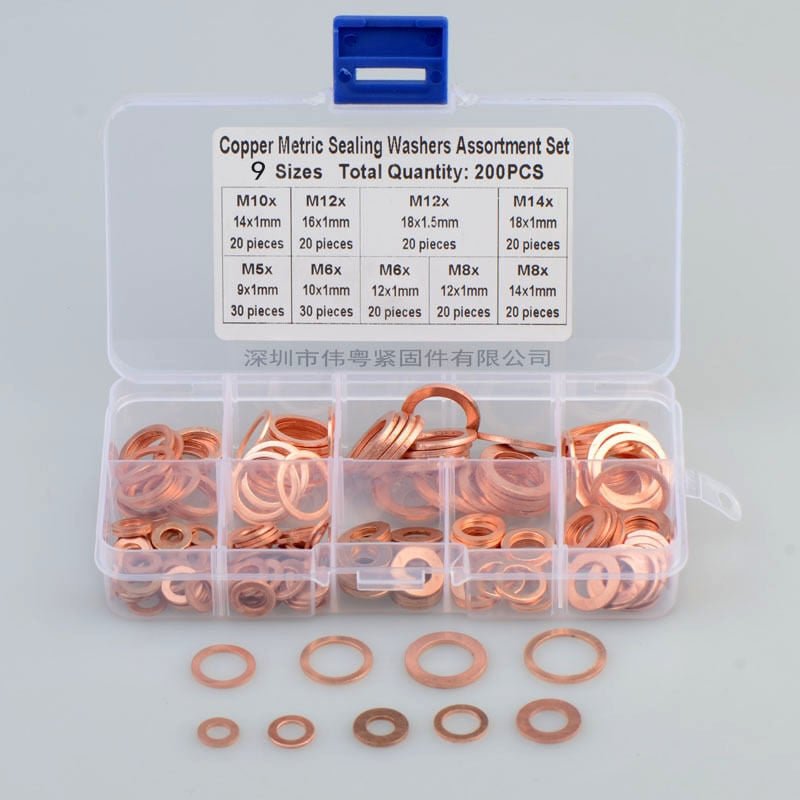Packung mit 200 flachen Kupferdichtscheiben.