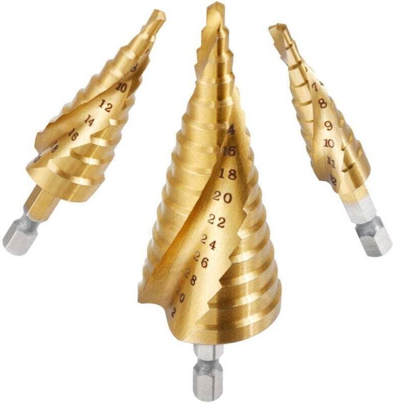 3-teiliges Stufenbohrer-Set, HSS-Edelstahl, 4-12/20/32 mm, Titan-Kegeldreieck, mit Sechskantschaft, zum Bohren in Stahl,...