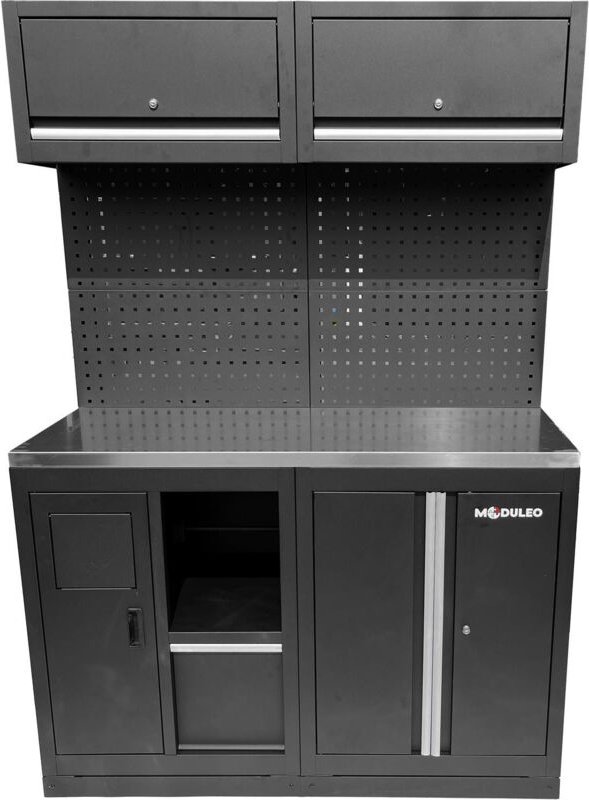 Werkstatt-Schranksystem-Erweiterungsmodul, Edelstahlarbeitsplatte, Abfallsystem mit Papierrollenhalter