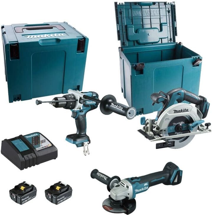 Makita - Set aus 3 Maschinen 18 v Li-Ion 5 Ah Bohrmaschine DHP481 + Schleifmaschine DGA506 + Säge DHS680 - 2 Batterien, ...