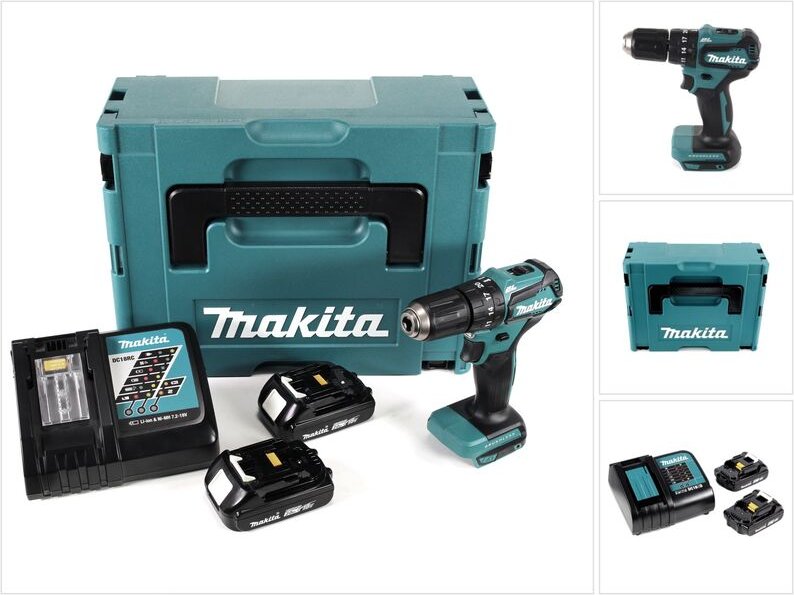 Makita DHP 483 RAJ Akku Schlagbohrschrauber 18 V 40 Nm Brushless + 2x Akku 2,0 Ah + Ladegerät + Makpac