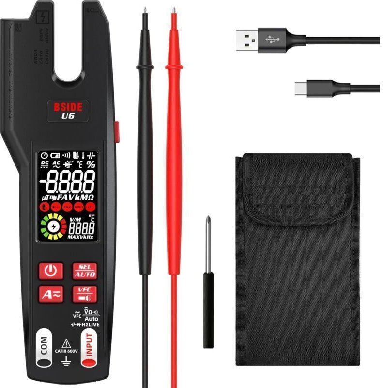 AC/DC 600A Stromzangenmessgerät, TRMS Automatisches Multimeter mit IR-Thermometer und VFD, 9999 Zählerstände, misst Span...