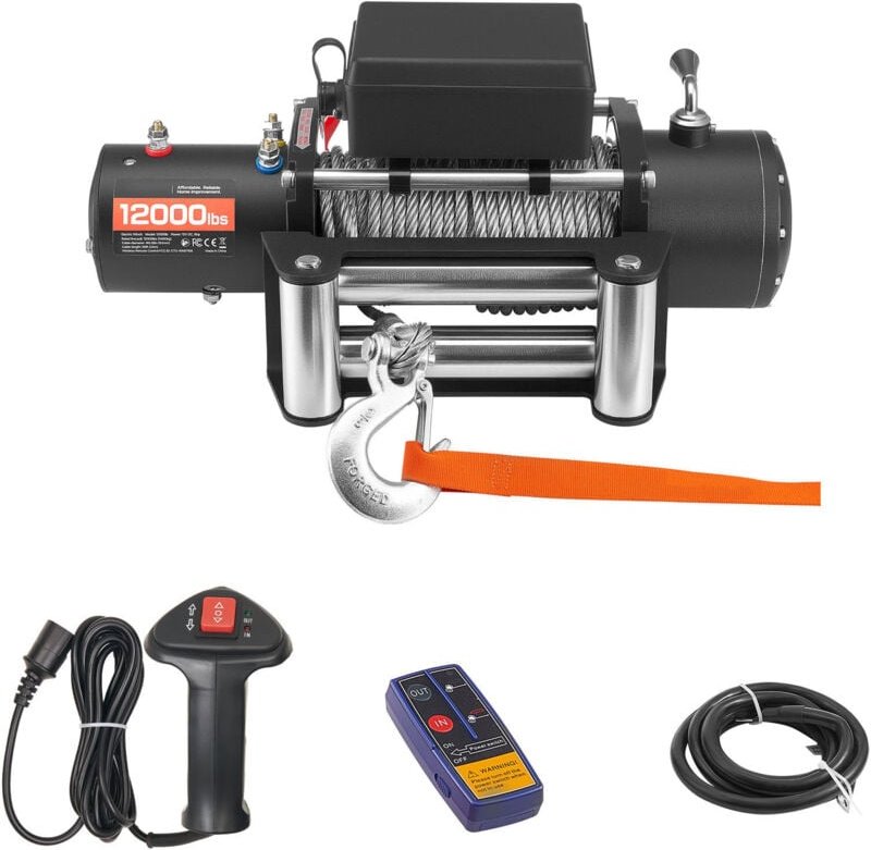 Mophorn Elektrische Seilwinde, 5400 kg Zugkraft, 12 V DC mit 24 m Stahlseil, kabelloser und kabelgebundener Fernbedienun...