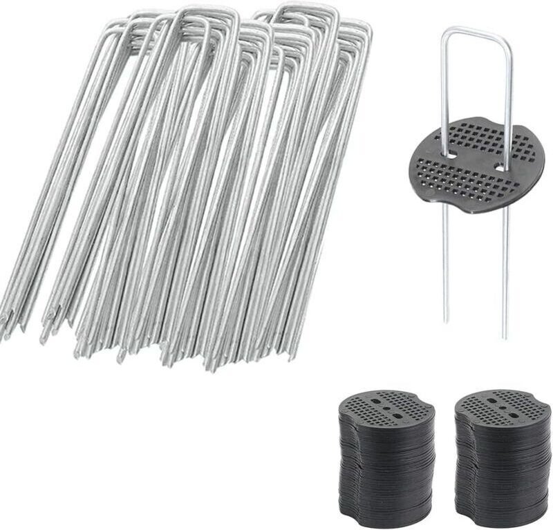 50 Gartenerdanker mit 50 Unterlegscheiben, Bodenanker für Unkrautvlies, Campingheringe, U-förmige Heringe, 150 mm lang, ...