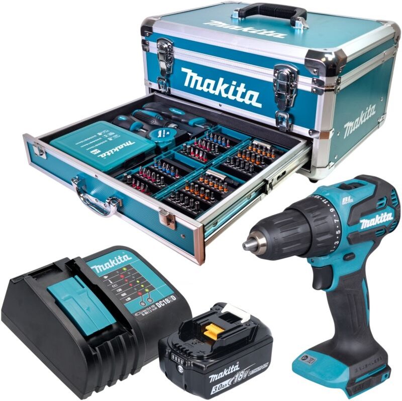 Makita DHP 490 SF1X9 Akku Schlagbohrschrauber 18 V 65 Nm Brushless + 1x Akku 3,0 Ah + Ladegerät + 96 tlg. Zubehör Set + ...
