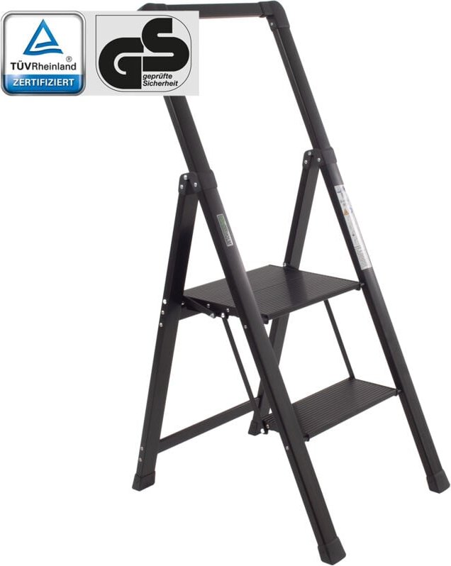 Trittleiter 2-stufig schwarz klappbar mit Handlauf bis 150 kg Aluminium Anti-Rutsch Trittflächen TÜV/GS Klapptritt