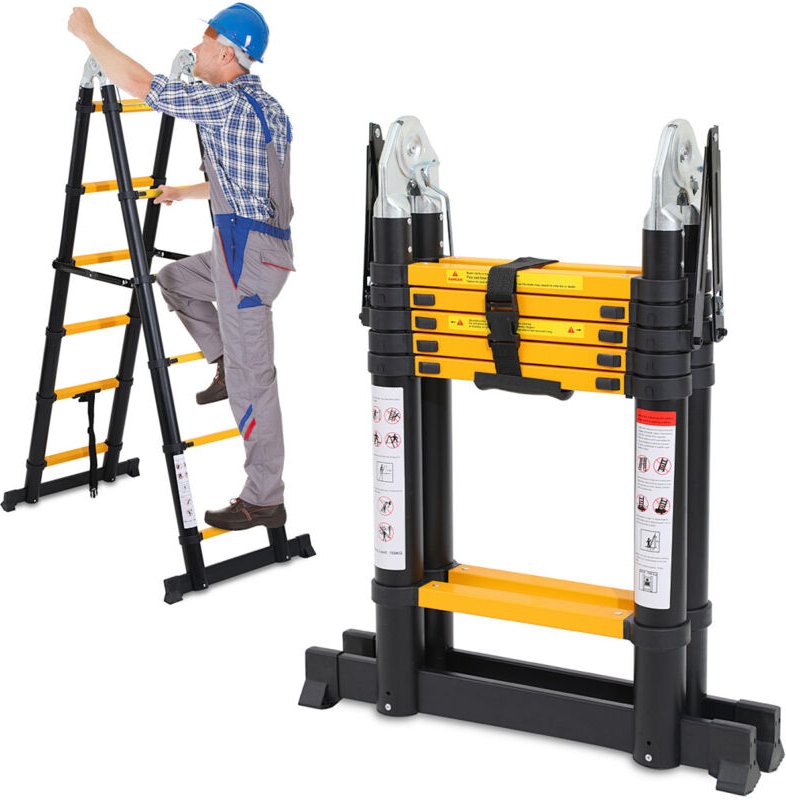 Wolketon Teleskopleiter Multifunktionsleiter Ausziehleiter 1,9M+1,9M Klappleiter 12 Sprossen Schwarz Mehrzweckleiter