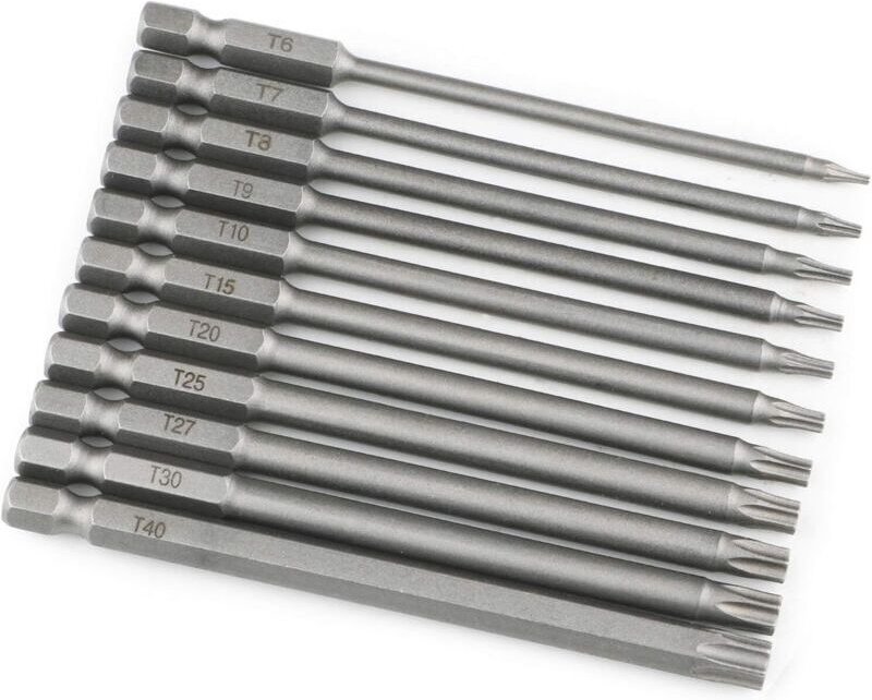 Set mit 11 extra langen (100 mm) magnetischen Torx-Bits T8-T40 1/4" - Sechskantschaft - für Elektroschraubendreher
