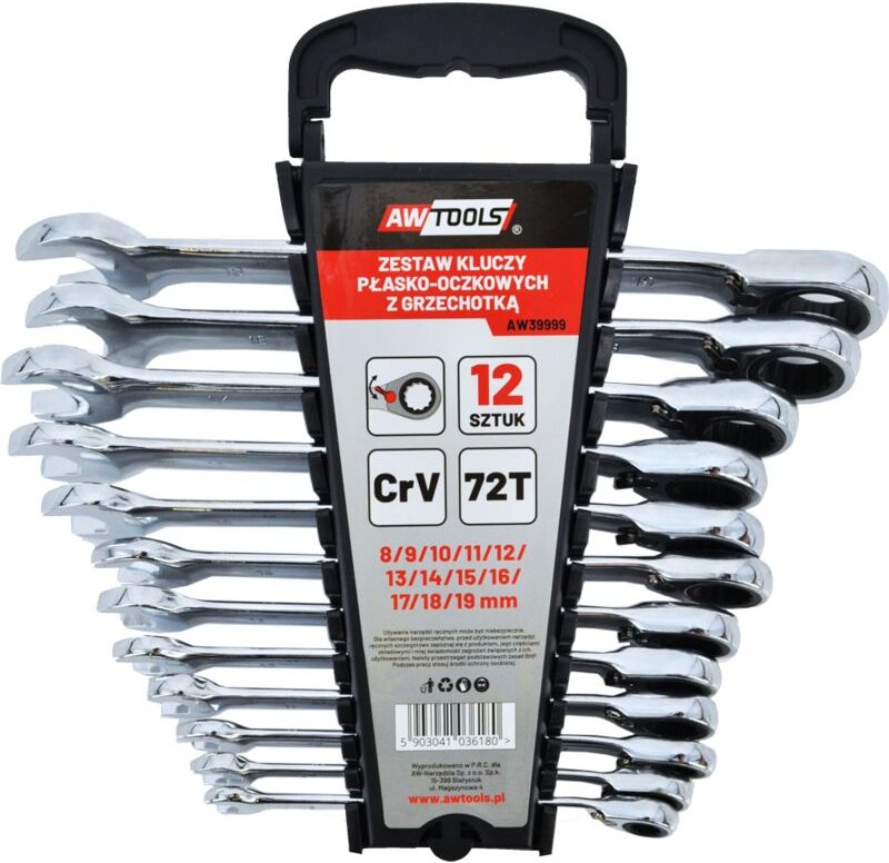 Awtools klucze płasko-oczkowe z grzechotką komplet 12 szt. 8-19 mm