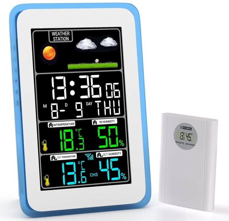 Wetterstation für Innen- und Außenbereich, Kabellose Wetterstation, Innen- und Außenthermometer, Hygrometer, Barometer m...